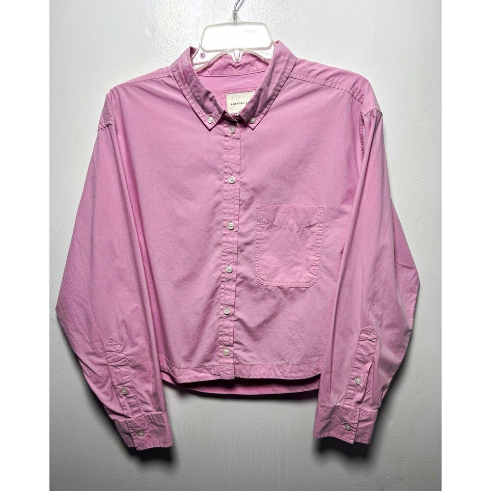 American Eagle Women’s M Pink Solid Long Sleeve Cotton Crop Button Up Shirt